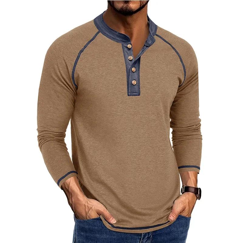 Men's Long Sleeve Henry Neck T-Shirt Fashion Sports Business Casual Tees Tops Man