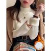 White Knitted Fleece Lined Half High Collar Sweater Women's Fashion Autumn Winter Inner Wear Base Shirt Integrated Fleece Top