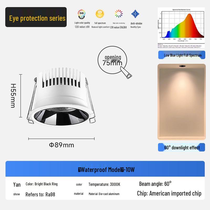 Wasserdichter blendfreier beschlagfreier Einbaustrahler mit schmalem Rand für Küche und Badezimmer