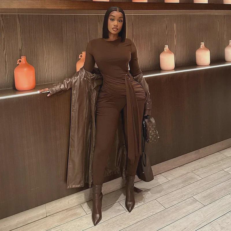 Women's Lace-Up Buckle Long Sleeve Jumpsuit