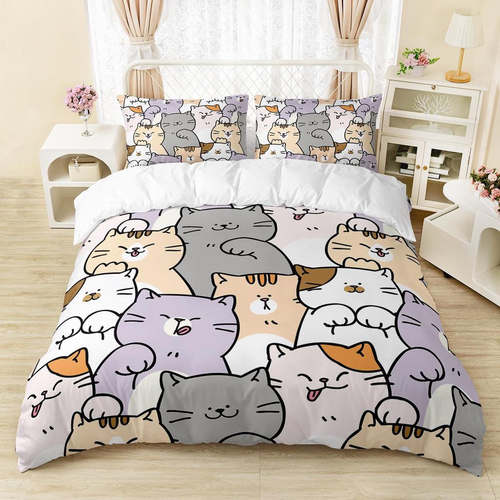 Cartoon Cat Duvet Cover Set Full Size Cute Cat Bedding Sets For Kids Girls Blue Watercolor Cat Comforter Covers Set All Season