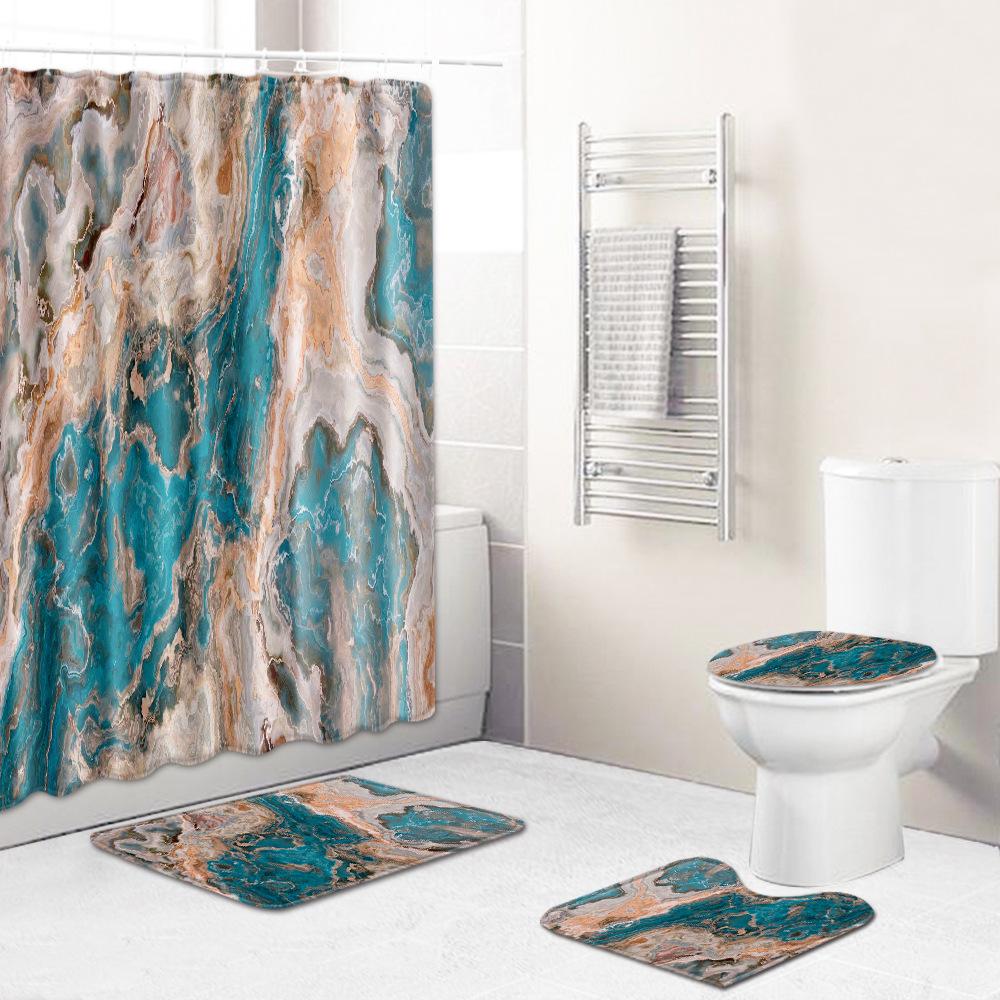Marble Texture Printing Bathroom Non-Slip Floor Mat Shower Curtain Combination Carpet European And American Style