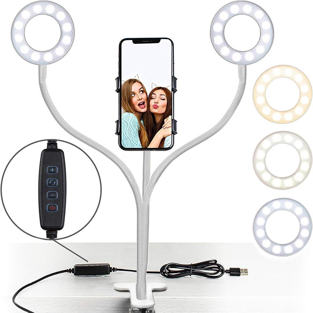 LED Ring Light Phone Holder with Three Color, Foldable LED Desk Lamp with Stand for Live Cooking Videos And Makeup Lighting.