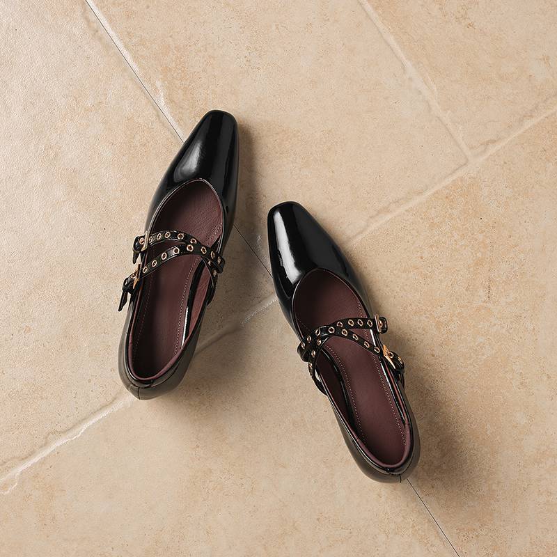 Krazing Pot Genuine Leather Square Toe Low Heels Summer Shoes Big Size 42 Buckle Straps Women Shallow Pumps