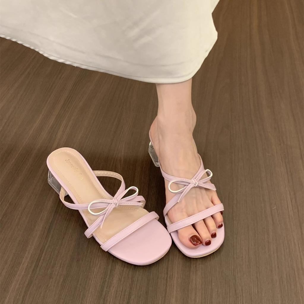 French Fairy Style Gentle Evening Shoes Bow Word with Open Toe Cool Slippers Female Summer Wear Crystal Heel Sandals
