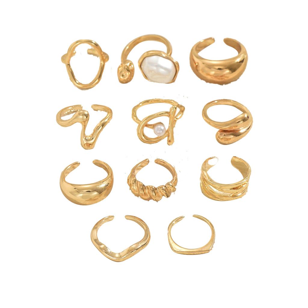 Wind Ladies Jewelry Geometric Ring Inlaid Pearl Design Ring Set Opening Adjustable Ring