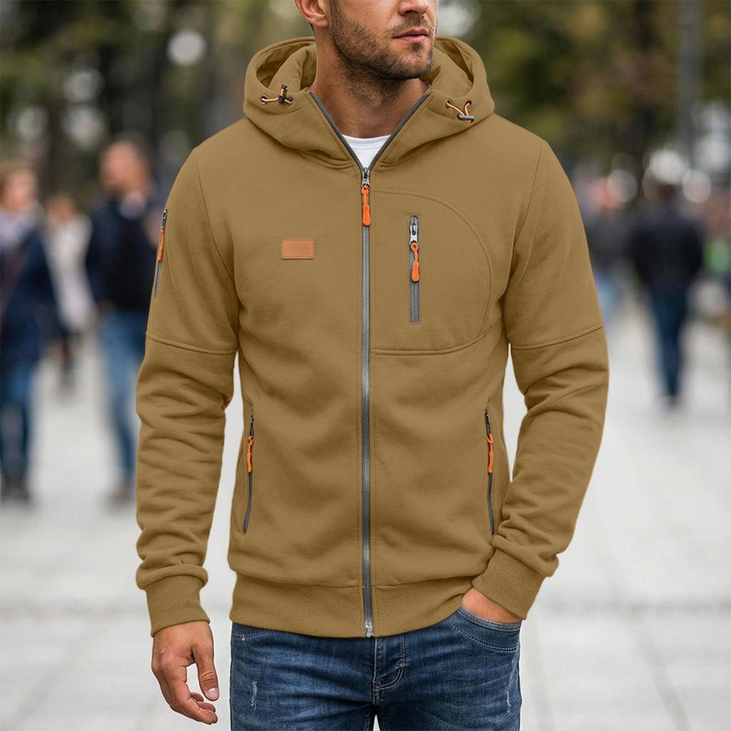 Men's Zip-Up Hoodie with Multiple Pockets, Casual Long Sleeve Sweatshirt