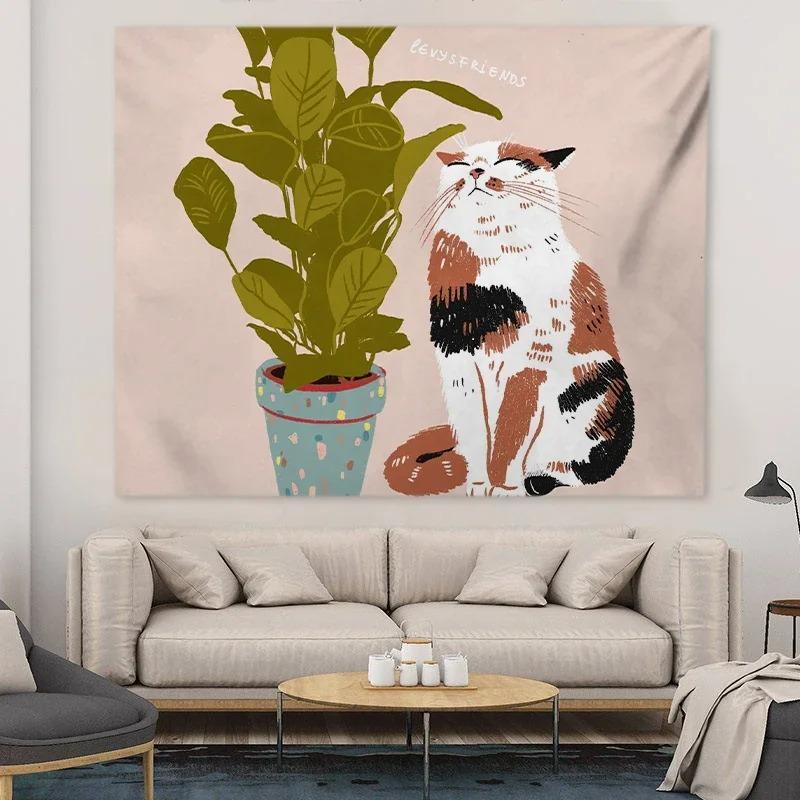 Çizgi Film Kedi Desenli Dekoratif Goblen Ev Duvarı Oturma Odası Ofis Dekoratif Goblen