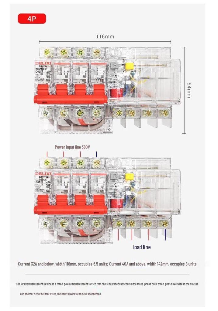 DELIXI Transparent Earth Leakage Circuit Breaker with RCD Switch, 1P+N/2P/3P/4P, 32A/63A Air Switch.
