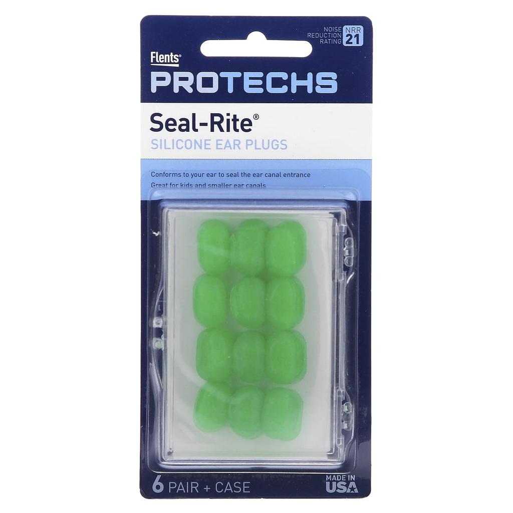 Pro-Techs, Sea-Rite, Silicone Earplugs, Green, 6 Pairs, Case
