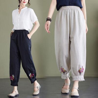 Women's Summer Lantern Pants Thin Elastic Waisted Harem Pants Embroidered Casual Cropped Pants
