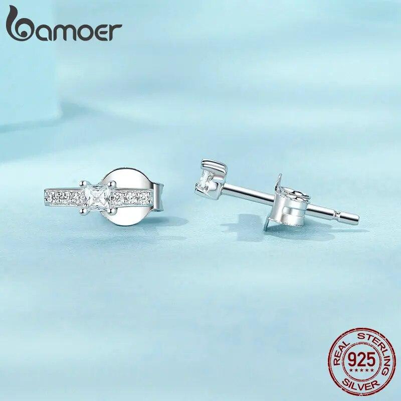 BAMOER 925 Sterling Silver Delicate Mini Line Stud Earrings Sparkling Zircon Earrings for Women Engagement Party Jewelry