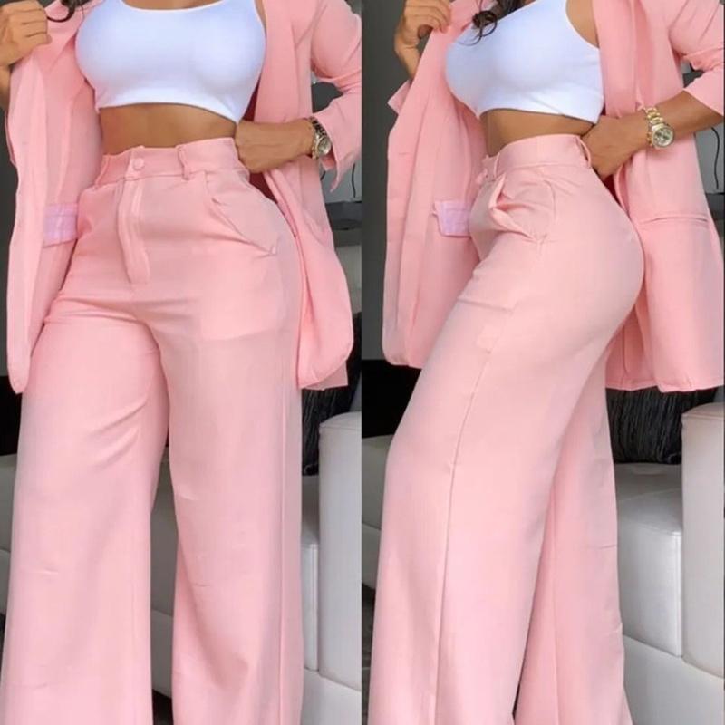 Women's Two Piece Blazer Set Lapel Jacket Wide Leg Pants Elegant Office Suit Outfit