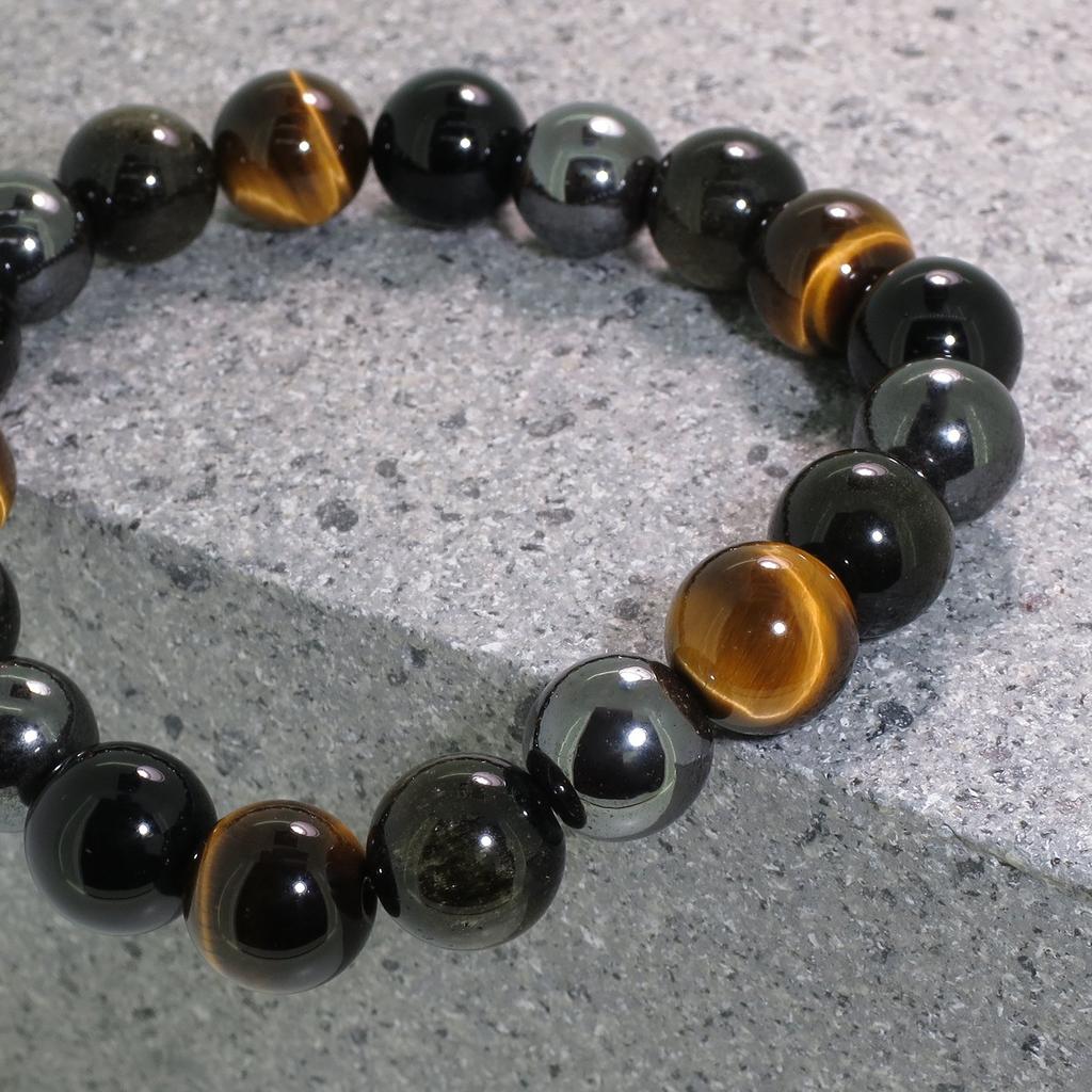 Shinjuku Gin No Kura 10mm Wide Hematite, Obsidian, Tiger's Eye, and Onyx Bracelet, 18cm-19cm (18cm) (Men's Medium)