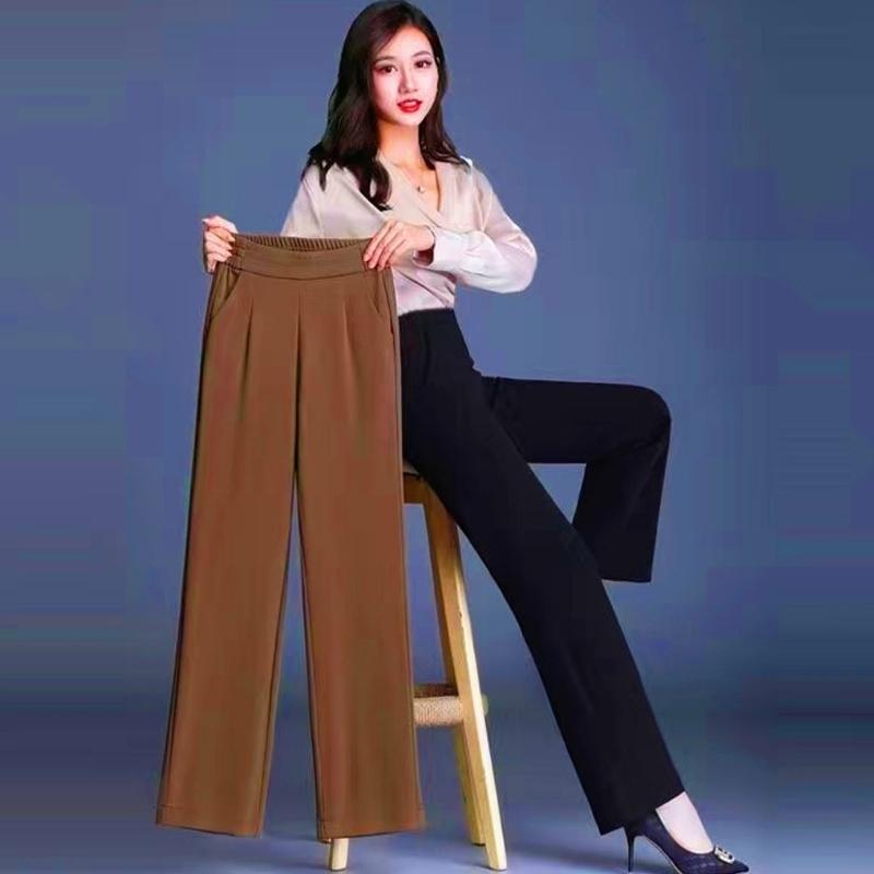 Straight Solid Color Wide Leg Pants Intellectual Korean Spring Summer Pockets Elastic Waist Elegant Fashion New Women's Clothing