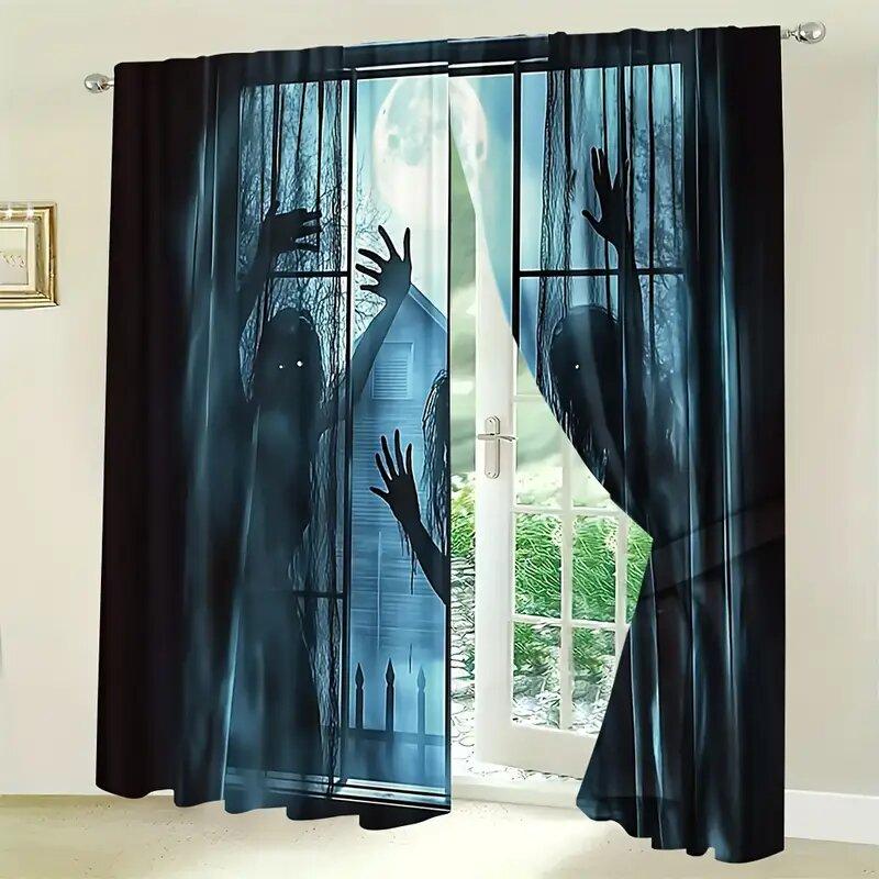 Halloween Scary Ghost Monster Pattern Printed Curtains Window Decorations Home Room Curtain Made Of Polyester Washable