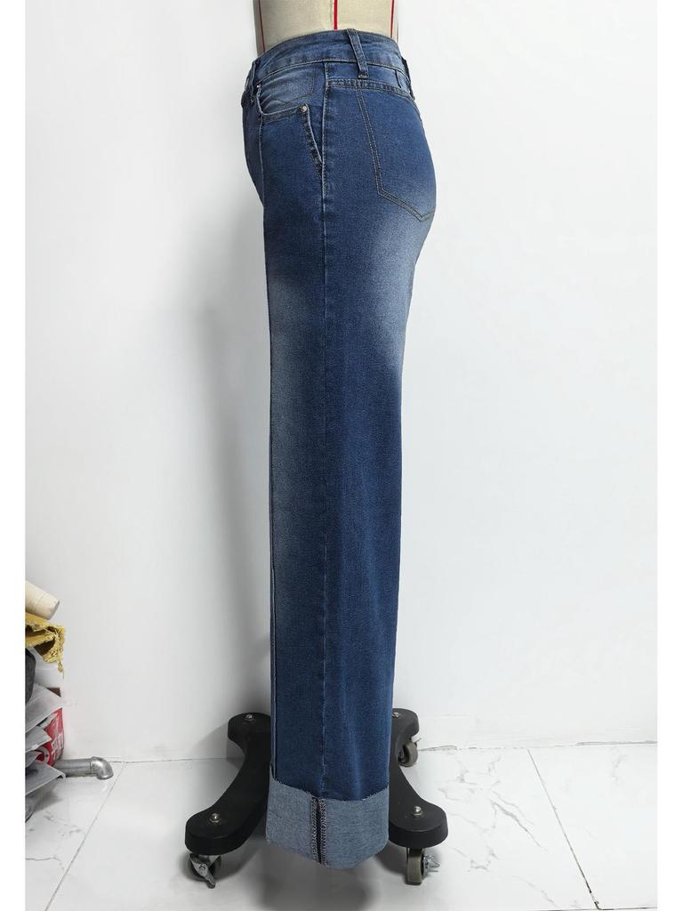 2026 Spring Women's High-Waisted Retro Wide-Leg Jeans with Center Seam Cuffs