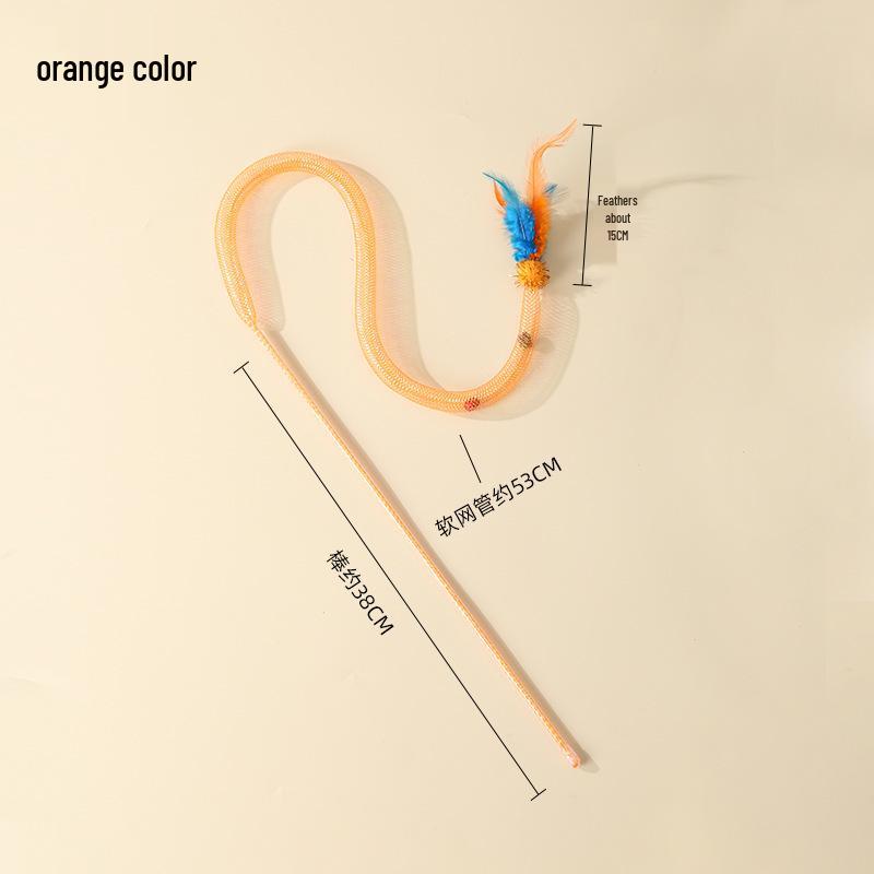 Elastic Feather Snake Teaser Wand with Mesh, Pom-pom, and Bell - Interactive Cat Toy