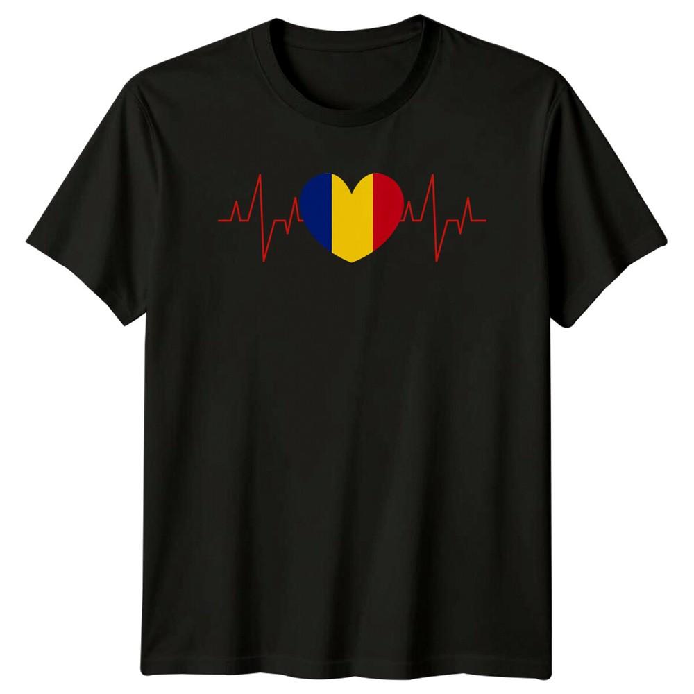 Romania Heartbeat Flag Romania Flags Mens T-Shirt Womens Tee Graphic Top