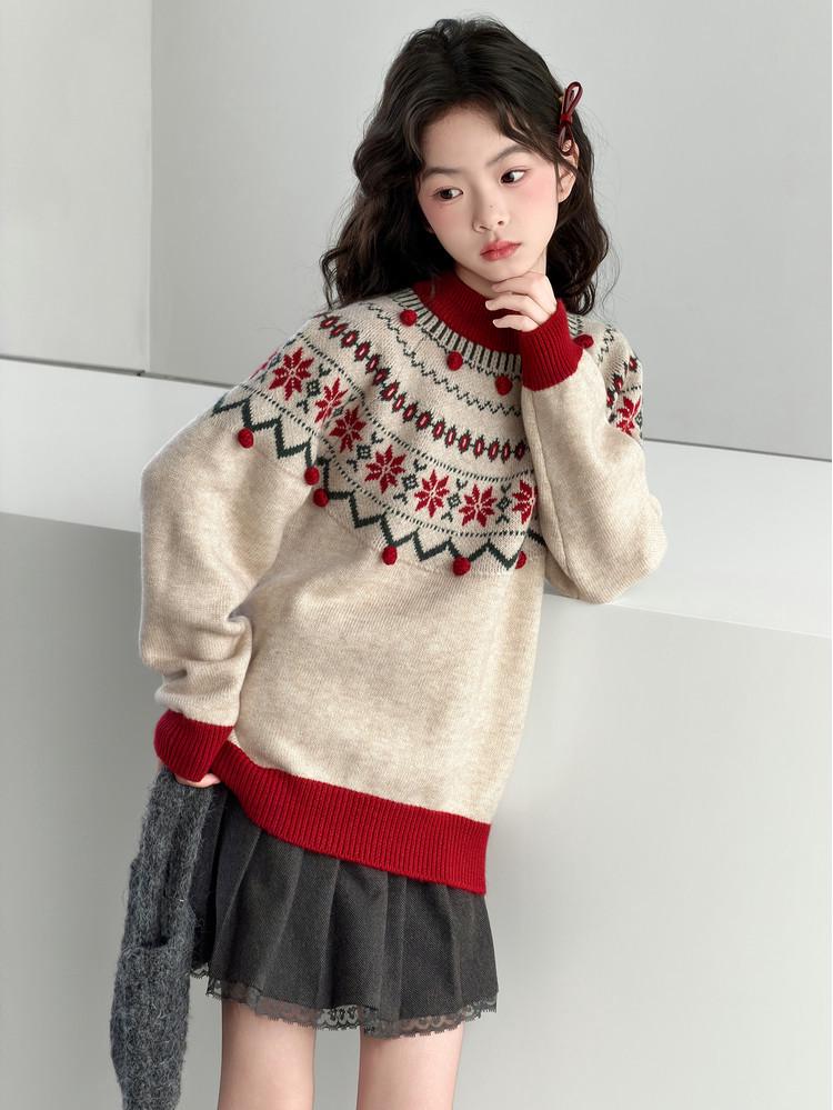 Girls' 2025 Autumn/Winter Stylish Thick Knit Sweater - Warm Fashionable Top for Big Kids