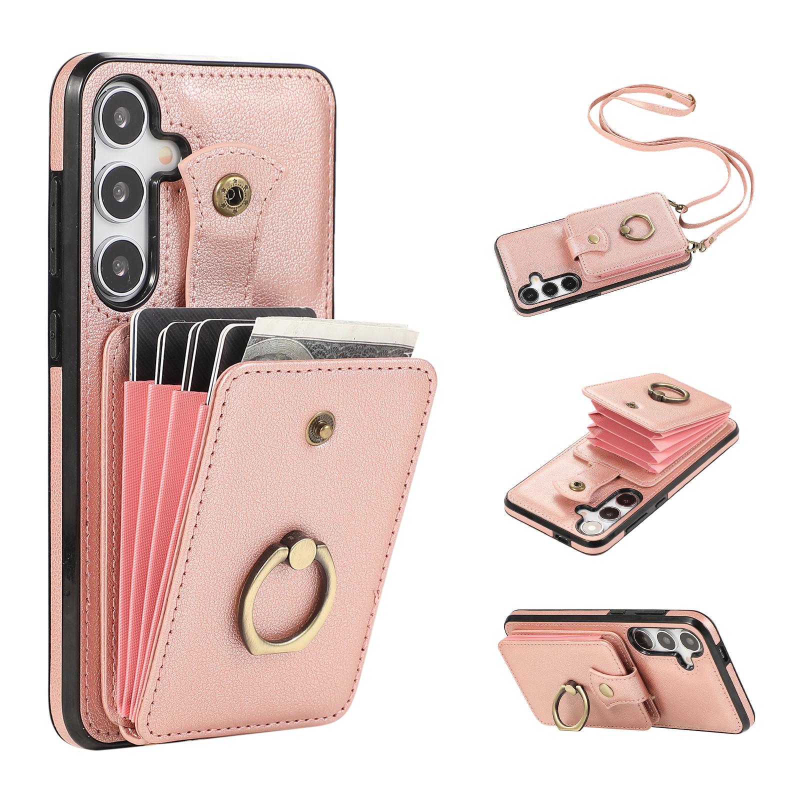 

For Samsung Galaxy A16 4G/5G Case Card Holder Ring Kickstand TPU+PU Leather Phone Cover with Long Strap Rose Gold