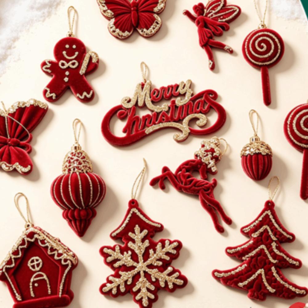 Red Flocked Velvet Christmas Tree Ornament Glitter Trim Xmas Pendant Tree Hanger Festival Layout