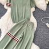 Lässiges Strick-Set mit süßem Welpenmotiv für Damen, Sommer, Umlegekragen Pullover-Top und Weitbeinige Hosen, Zweiteiliges Set für Damen
