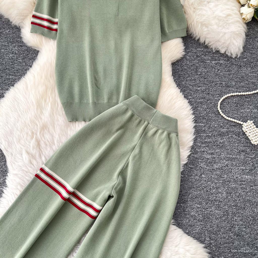 Lässiges Strick-Set mit süßem Welpenmotiv für Damen, Sommer, Umlegekragen Pullover-Top und Weitbeinige Hosen, Zweiteiliges Set für Damen