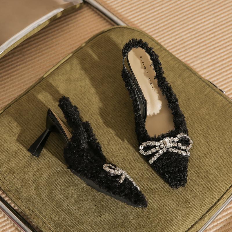 7519-2 [sheepskin] high-heeled fluffy shoes women's thin heels 2025 new baotou rhinestone bow shoes