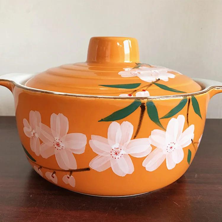 22cm Japanese Style Hand-painted Cherry Blossom Underglaze Color Ceramic Soup Pot Kitchen Household Tableware Kitchenware