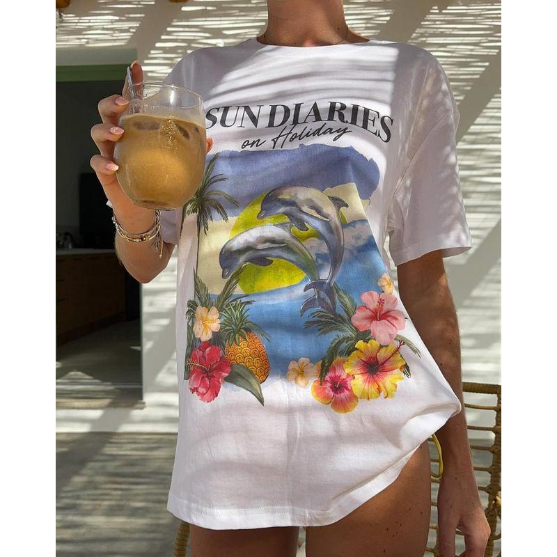 

American vintage Vintage Summer OOTD Wear Dolphin Flower Print European and American Gyaru Loose Short sleeve T-shirt Women White S