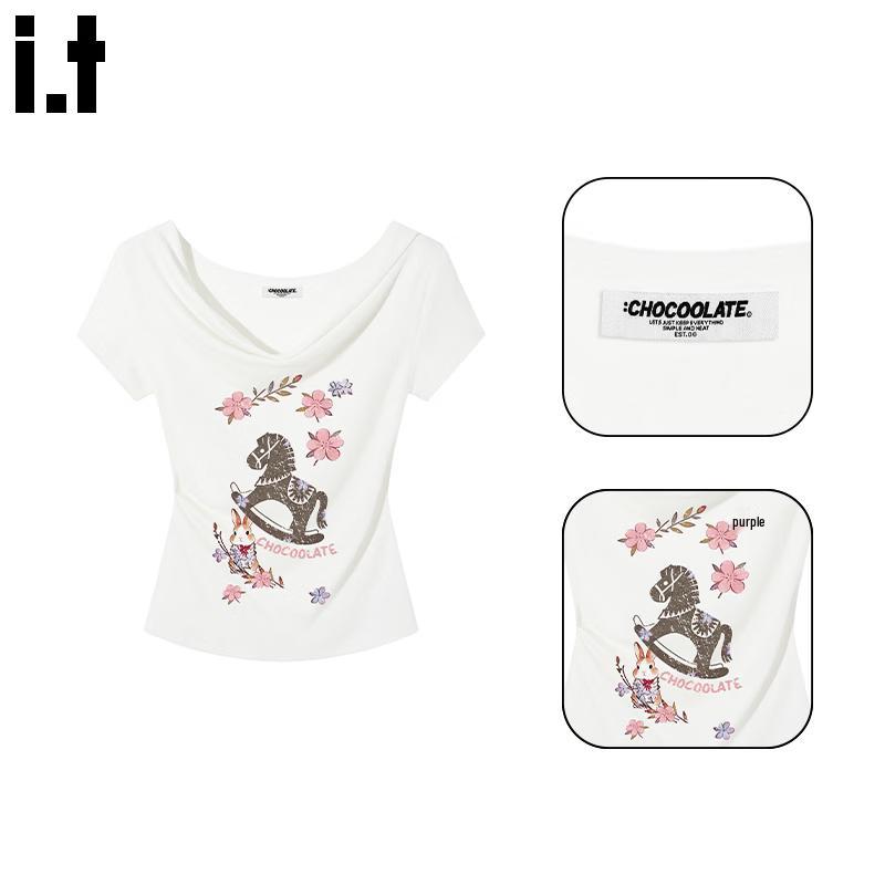 :CHOCOOLATE Draped Neck Slim Fit Short Sleeve T-Shirt