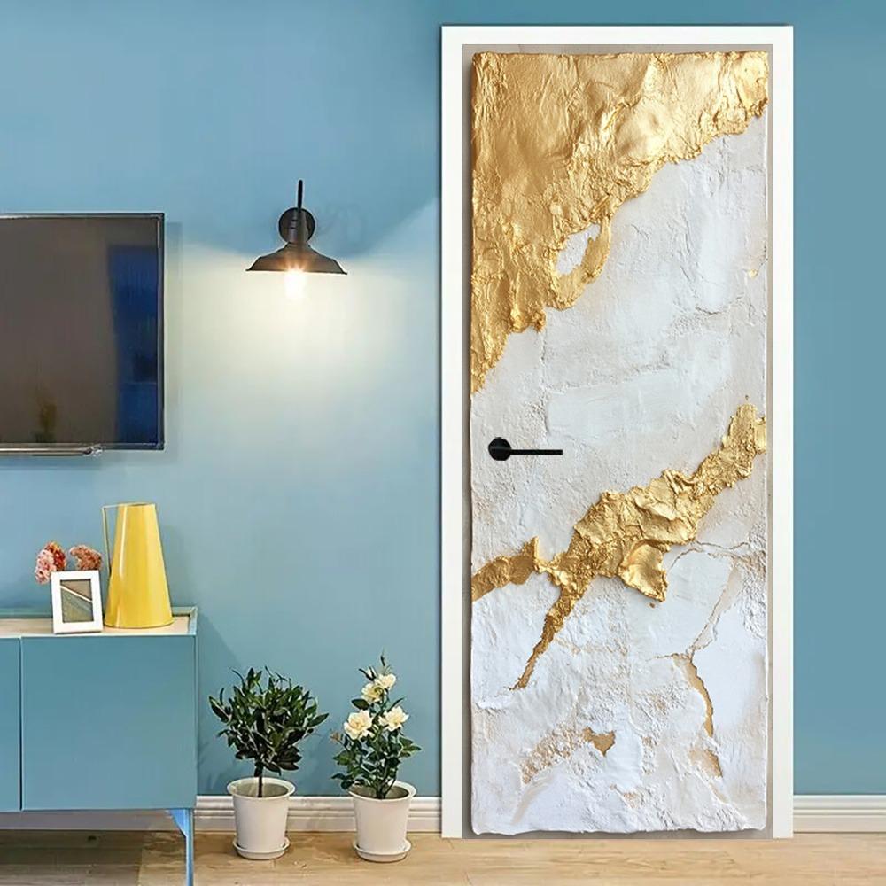 1 Satz/2 Stück Moderne Tür Wandaufkleber, PVC Selbstklebend Abnehmbares Wandbild - Abstrakte Tür Aufkleber Dekoration - Kreative Goldene Textur Tür Wandbild