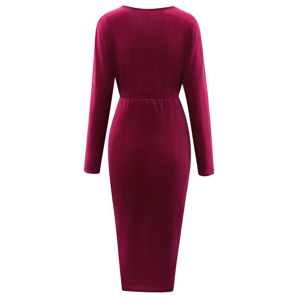 Winter Casual V-Ausschnitt Einfarbige Taille Samtkleid Für Damen