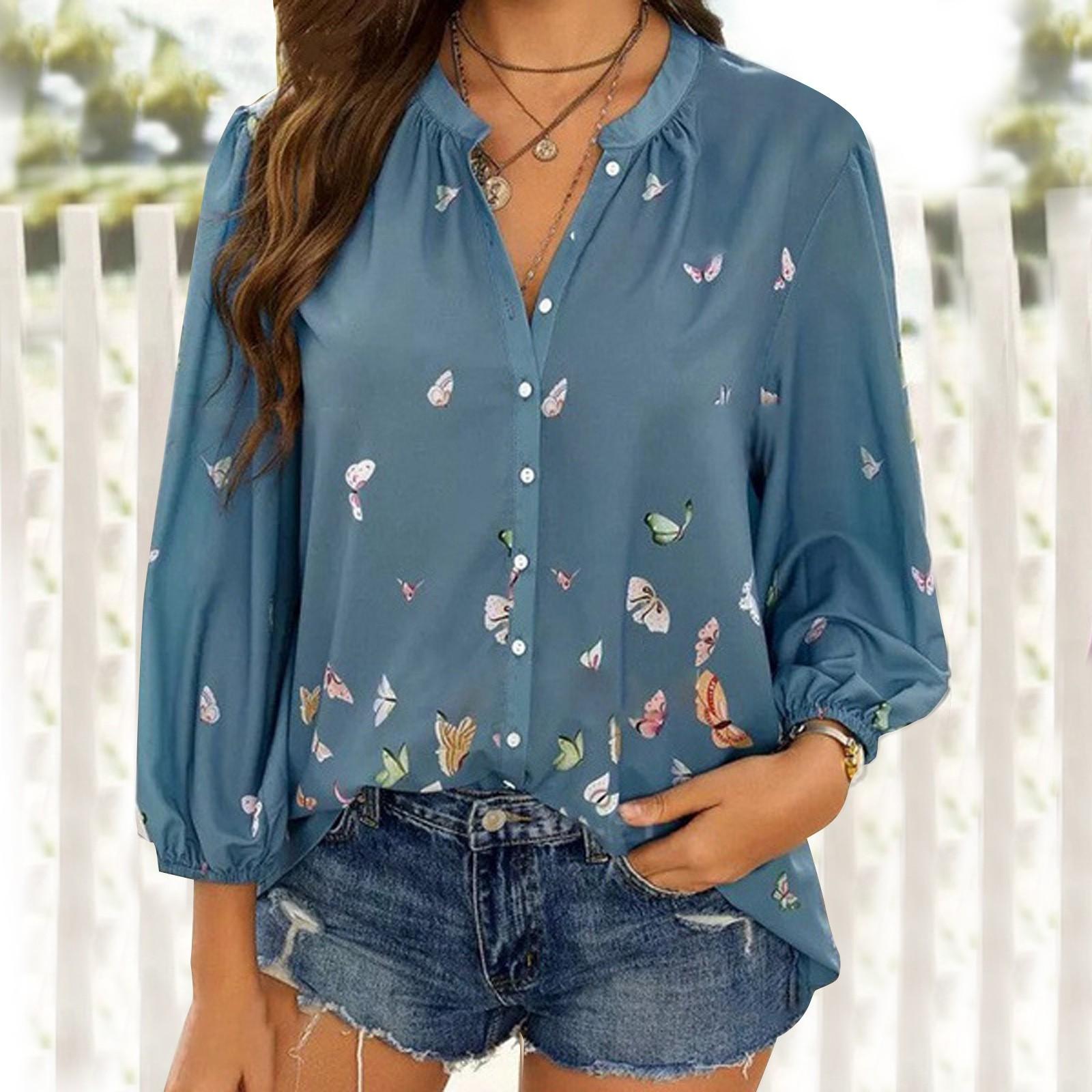 Fashion Womens Print Long Sleeve V-Neck Casual Loose Tops M