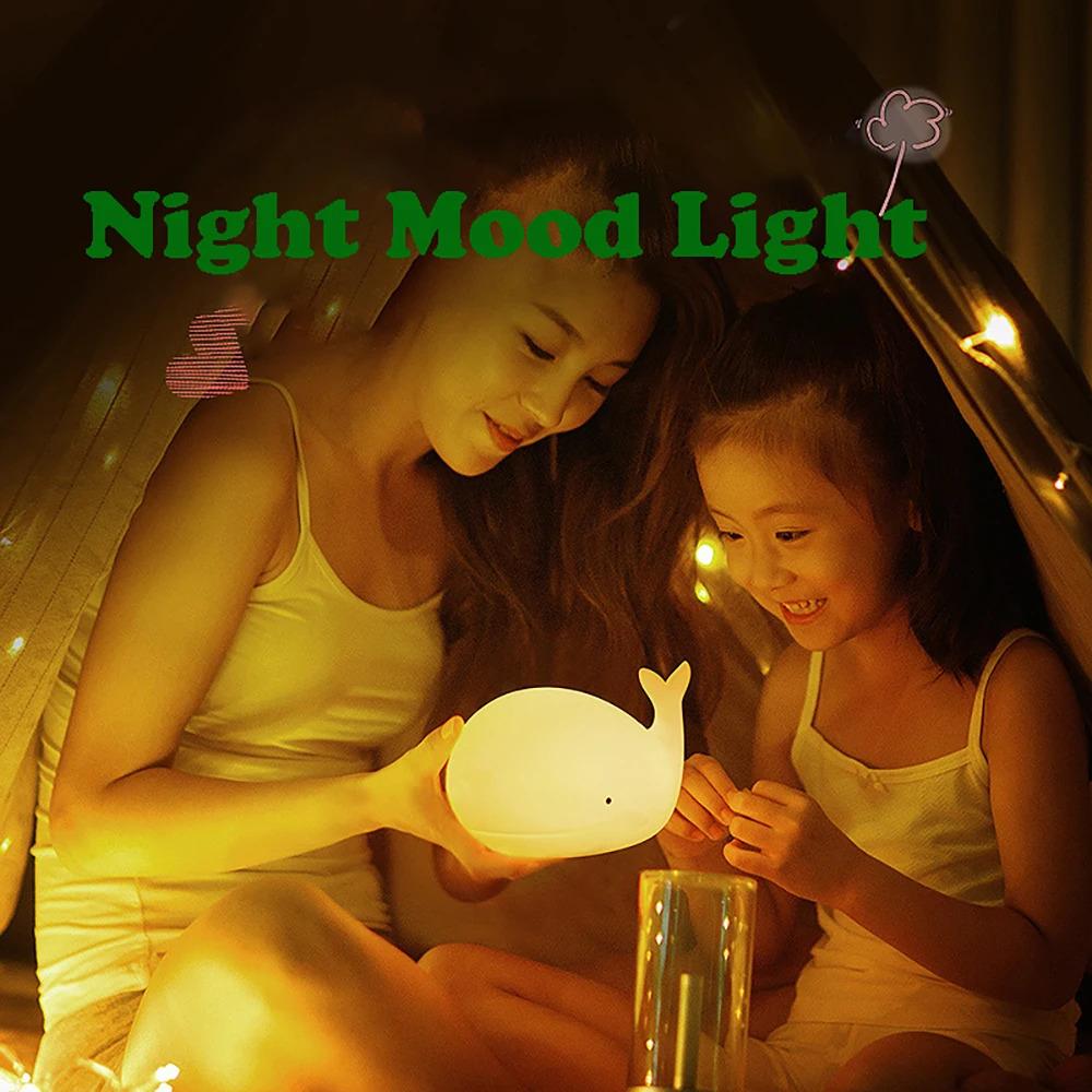 LED Night Light Cute Whale Cartoon Animals Silicone Lamp for Children Kid Touch Sensor Timing USB Rechargeable for Birthday Gift
