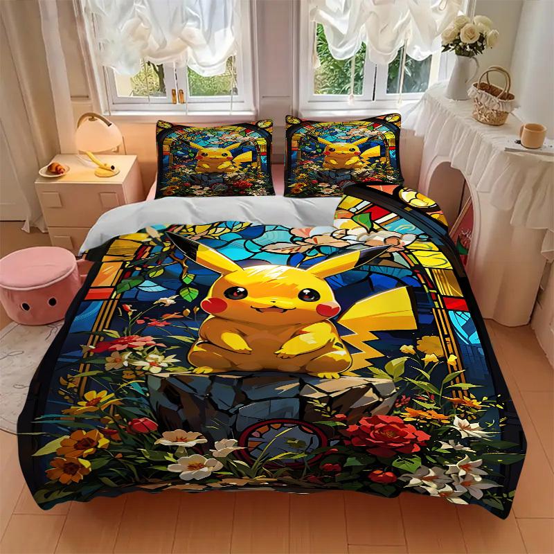 3pc Pikachu StainedGlass Bedding Set Guest Room Bedroom Decor Christmas Halloween Decor Birthday and Holiday Gifts- All Seasons 3pcs Quilt 053