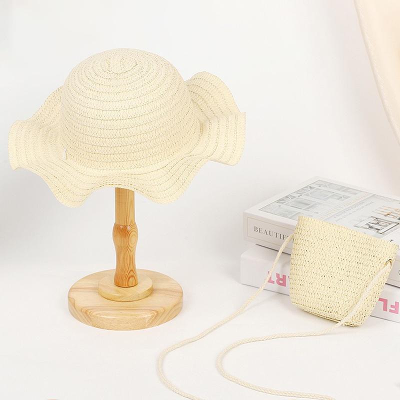 Summer Children's Wavy Edge Wide Brim Straw Hat And Woven Bags Travel Beach Sun Cap
