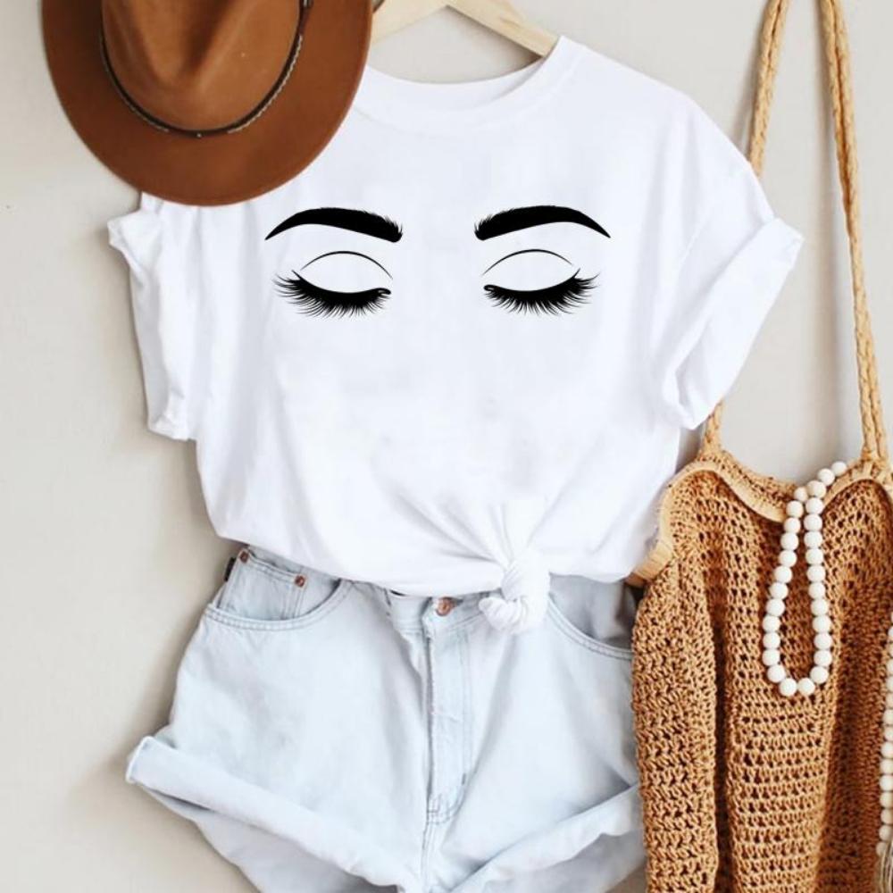 Make Up Letter Funny New Eye Eyelash Fashion Cartoon Summer Lady Print Tee Stylish T Top  Tshirts  Women Clothes