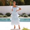 Women Fashion Backless Puff Sleeve Square Neck Long Solid Cake Dress