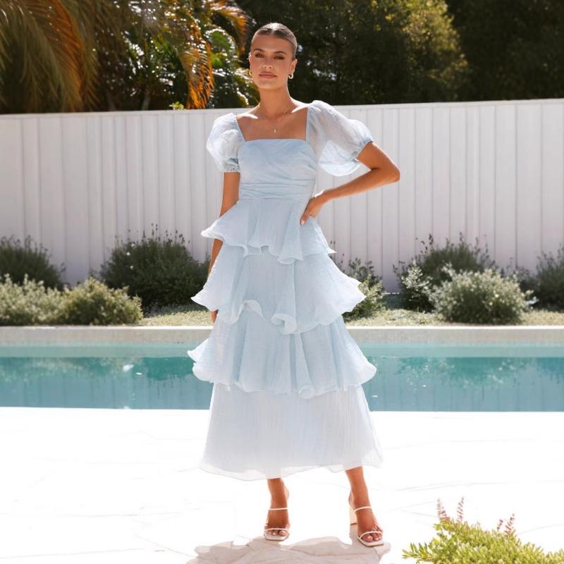 Women Fashion Backless Puff Sleeve Square Neck Long Solid Cake Dress