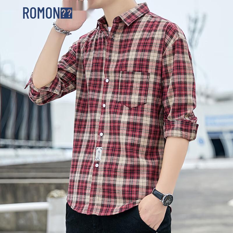 ROMON Men s Plaid Long Sleeve Shirt 4XL