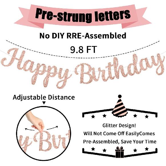 Pre-Strung Rose Gold Happy Birthday Banner NO DIY for Women Men Party Decorations