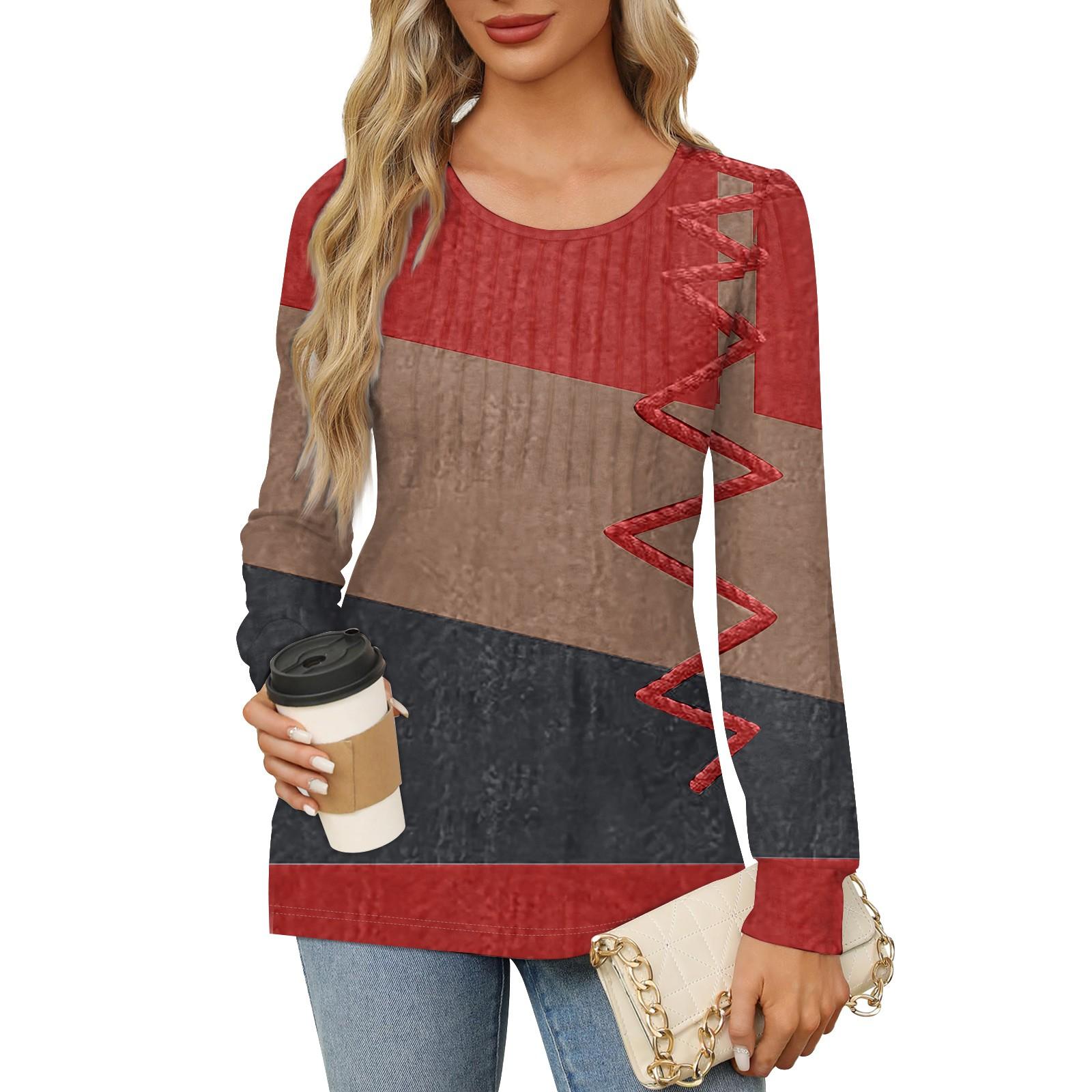 

Женская повседневная плиссированная футболка с круглым вырезом и длинными рукавами с принтом M винный