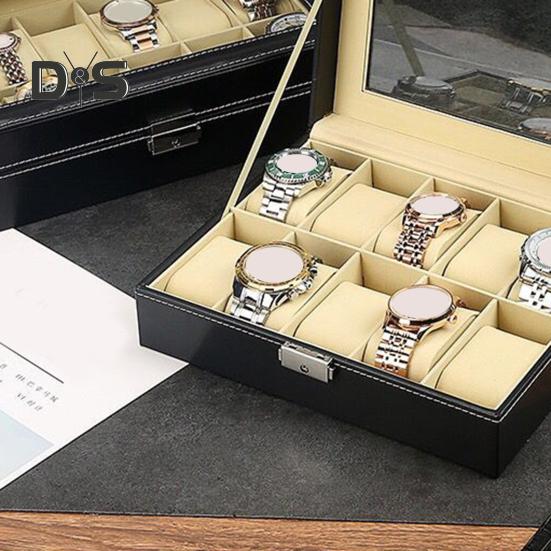 Watch Storage Box with Transparent Window And Lock Wooden Bracelet Organizer Faux Leather Dustproof Jewelry Storage Case
