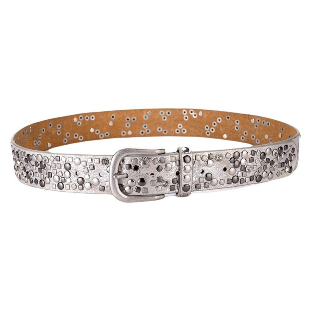 Luxury Pin Buckle Women's Belt Silver Studs Fashion Accessory Leather Belt Vintage Rivets Heavy Metal Belt Matching Jeans