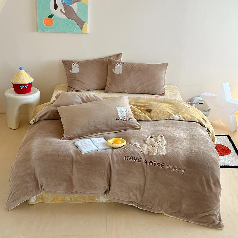 Cartoon Sticker Embroidered Thickened Milk Fleece Four-Piece Set Coral Fleece Thermal Bed Sheet Quilt Cover Student Bedding