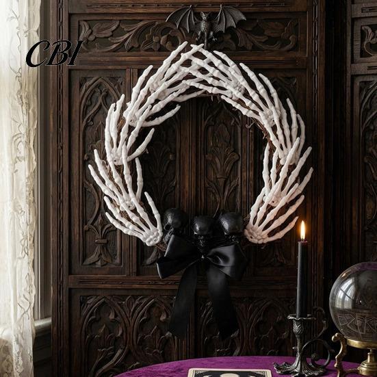 Scary Halloween Door Decor Skeleton Hand Wreath for Front Door, Gothic Spooky Hanging Garland Decoration with Black Bow And Skulls Wall Holiday Party