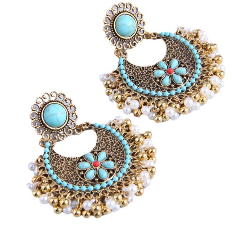 European and American Retro Seaside Vacation Earrings, Bohemian Alloy Turquoise Pearl Fringed Ethnic Earrings