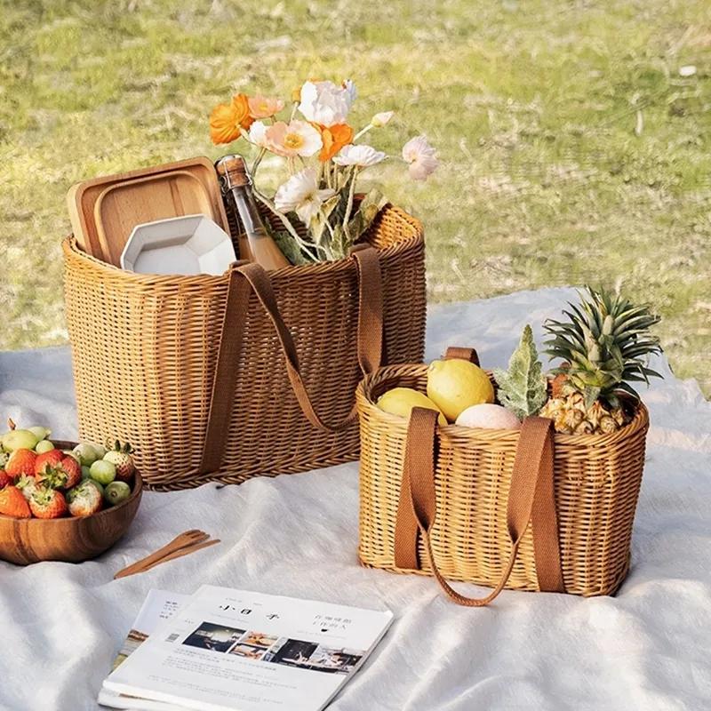 Woven Picnic Basket Multipurpose Wicker Basket Totes Storage Basket With Handle Rustic Life Shopping Organizer Picnic Basket